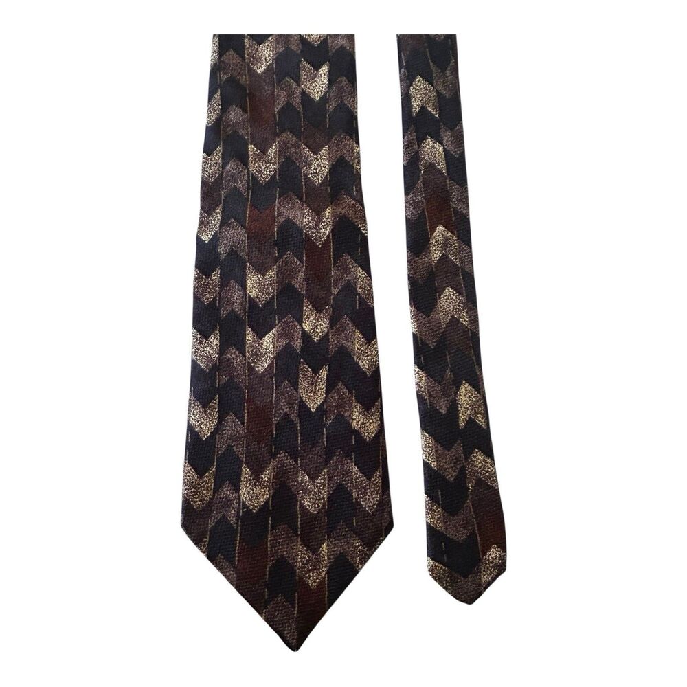 Lamberti Mens Silk Tie Brown Black Gold Chevron Pattern Made in Italy Vintage